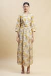 Buy_Linen Bloom_Yellow 100% Linen V Neck Printed Dress _Online_at_Aza_Fashions