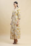 Shop_Linen Bloom_Yellow 100% Linen V Neck Printed Dress _Online_at_Aza_Fashions