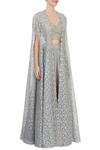 J by Jannat_Grey Embroidered Zari Jacket Open Lehenga Set With Cape For Women_Online_at_Aza_Fashions