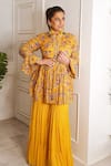 Shop_Chhavvi Aggarwal_Yellow Jacket Crepe Sharara Georgette Stand Collar Printed Tunic And Set _at_Aza_Fashions