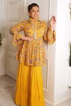 Buy_Chhavvi Aggarwal_Yellow Jacket Crepe Sharara Georgette Stand Collar Printed Tunic And Set _at_Aza_Fashions