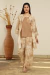 Buy_Linen Bloom_Brown 100% Linen Printed Open Jacket _at_Aza_Fashions