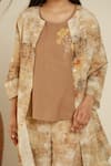 Linen Bloom_Brown 100% Linen Printed Open Jacket _at_Aza_Fashions