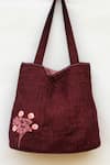 Shop Linen Bloom Maroon Floral Motif Linen Pintuck Tote Bag at Aza Fashions Shop_Linen Bloom_Maroon Floral Motif Linen Pintuck Tote Bag _at_Aza_Fashions