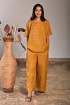 Buy_Linen Bloom_Yellow Pure Linen Embroidery Boat Blouse _Online_at_Aza_Fashions