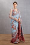Torani_Blue Silk Organza, Handwoven Chanderi Chintz Motifs Samsara Taahira Blouse _Online_at_Aza_Fashions