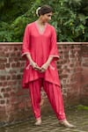 Vashisht Guru Dutt_Coral Raw Silk Embroidered V Neck Kurta Set _at_Aza_Fashions