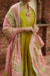 Vashisht Guru Dutt_Green Raw Silk Embroidered Floral V Neck Anarkali Set _Online_at_Aza_Fashions