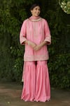 Buy_Vashisht Guru Dutt_Pink Handloom Chanderi Embroidery Gota Round And Zari Kurta Gharara Set  _Online_at_Aza_Fashions