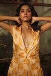 Suave_Orange Denim, Chiffon Embroidery V-neck, Bloom Print Trench Jacket Pant Set _Online_at_Aza_Fashions