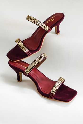 Shop_The Alter_Wine Embroidery Georgine Strap Embellished Stiletto Heels _Online_at_Aza_Fashions