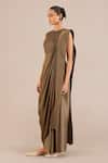 AMPM_Brown Silk Blend Round Ila Neck Saree Gown _Online_at_Aza_Fashions