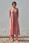 Buy_Juanita by Shubhda_Pink Handwoven Cotton Silk Printed Floral Round Pintuck Kurta Set _Online_at_Aza_Fashions