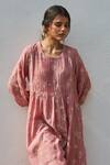 Juanita by Shubhda_Pink Handwoven Cotton Silk Printed Floral Round Pintuck Kurta Set _at_Aza_Fashions