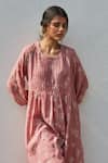 Buy_Juanita by Shubhda_Pink Handwoven Cotton Silk Printed Floral Round Pintuck Kurta And Pant Set _Online_at_Aza_Fashions