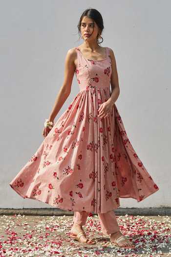 Juanita- Handwoven chanderi light salmon color anarkali dress with embellishment of tonal embroidery