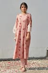 Juanita by Shubhda_Pink Handwoven Chanderi And Handloom Cotton Print & Embellishment Rose Kurta Set _Online_at_Aza_Fashions