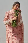 Shop_Juanita by Shubhda_Pink Handwoven Chanderi And Handloom Cotton Print & Embellishment Rose Kurta Set _Online_at_Aza_Fashions