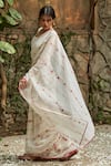 Shop_Juanita by Shubhda_Ivory Handwoven Chanderi And Embellishment Hand Block Rose Saree _Online_at_Aza_Fashions