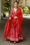 Buy_PUNIT BALANA_Red Chanderi Silk And Embroidery Floral V Surkh Laal Angarkha Set _at_Aza_Fashions