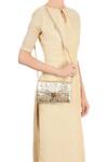 Shop_Devina Juneja_Beige Champagne Clutch With Woven And Stitch Details_at_Aza_Fashions