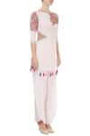 Neha Khullar_Pink Crepe Embroidered Thread Boat Neck Kurta And Pant Set For Women_Online_at_Aza_Fashions