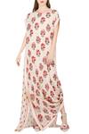 Buy_Nikasha_Beige Crepe Boat Printed Cowl Drape Dress _at_Aza_Fashions
