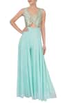 Buy_Esha Koul_Blue Embroidered Flared Jumpsuit _at_Aza_Fashions