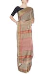 Buy_PRAMA BY PRATIMA PANDEY_Grey Embroidered Floral Boat Neck Printed And Striped Saree  _at_Aza_Fashions