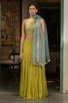 Buy_Surbhi Gupta_Green Organza, Georgette, Cotton Silk V Neck Printed Lehenga Set _at_Aza_Fashions