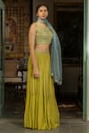 Shop_Surbhi Gupta_Green Organza, Georgette, Cotton Silk V Neck Printed Lehenga Set _at_Aza_Fashions