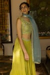 Surbhi Gupta_Green Organza, Georgette, Cotton Silk V Neck Printed Lehenga Set _Online_at_Aza_Fashions