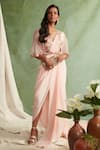 Buy_Priyanka Jain_Pink Crepe V Neck Pre-draped Saree Set _at_Aza_Fashions