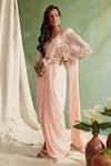 Priyanka Jain_Pink Crepe V Neck Pre-draped Saree Set _Online_at_Aza_Fashions