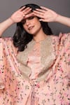 Buy_Vara by Vibha n Priti_Peach Silk Printed And Hand Embroidered Floral Cape Deep V Draped Skirt Set _Online_at_Aza_Fashions