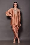 Buy_Vara by Vibha n Priti_Orange Silk Chanderi Hand Embroidered Zari V Neck Tunic And Draped Pant Set _Online_at_Aza_Fashions