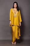 Vara by Vibha n Priti_Yellow Satin Modal Hand Embroidered Thread V Neck Tunic And Draped Skirt Set _Online_at_Aza_Fashions