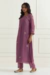 Ikshita Choudhary_Purple Chanderi Hand Embroidery Floral Bloom Motif Round Neck Kurta_Online_at_Aza_Fashions