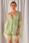 Cherie D_Green Kaftan Tulle Inner Stretch Jersey Embroidery V Neck  _Online_at_Aza_Fashions