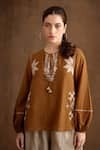 Buy_Nikasha_Brown Cotton Silk Embroidered Beads And Applique Work Keyhole Round Neck Top _Online_at_Aza_Fashions