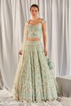 Buy_Cherie D_Green Silk Embroidery Square Neck Bridal Lehenga Set _at_Aza_Fashions