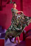 Limerick by Abirr N' Nanki_Black Crepe Floral And Bird Print Scoop Neck Lucy Cape & Draped Skirt Set _Online_at_Aza_Fashions
