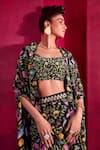 Shop_Limerick by Abirr N' Nanki_Black Crepe Floral And Bird Print Scoop Neck Lucy Cape & Draped Skirt Set _Online_at_Aza_Fashions