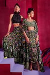 Limerick by Abirr N' Nanki_Black Crepe Floral And Bird Print Scoop Neck Lucy Cape & Draped Skirt Set _at_Aza_Fashions