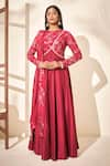 Buy_Suruchi Parakh_Maroon Tussar Silk Embroidered Floral Crew Neck Anarkali With Dupatta _at_Aza_Fashions