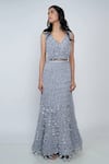 Buy_Geisha Designs_Blue V Neck Ariel Fringe Top And Skirt Set For Women_Online_at_Aza_Fashions
