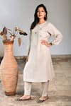 Buy_Linen Bloom_Beige Pure Linen Embroidery Round Kurta _at_Aza_Fashions