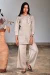 Linen Bloom_Beige Pure Linen Embroidery Chinese Collar Hand Tunic _Online_at_Aza_Fashions