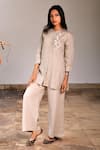 Shop_Linen Bloom_Beige Pure Linen Embroidery Chinese Collar Hand Tunic _Online_at_Aza_Fashions