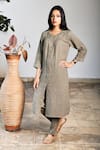 Buy_Linen Bloom_Grey Pure Linen Embroidery Round Tunic _at_Aza_Fashions